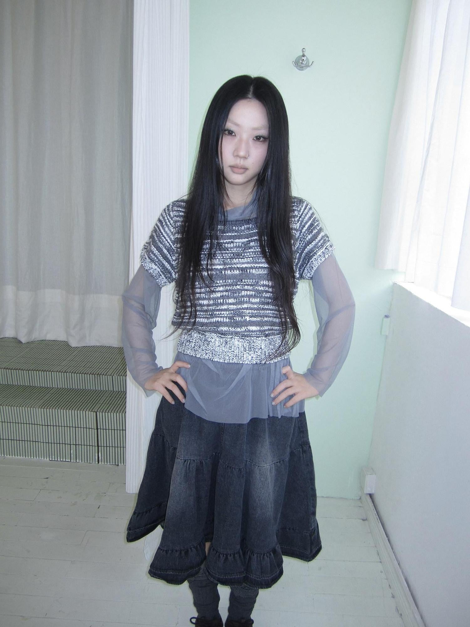 ang project Vintage Contrast Striped Cropped Slim Waist Short Sleeve Women&