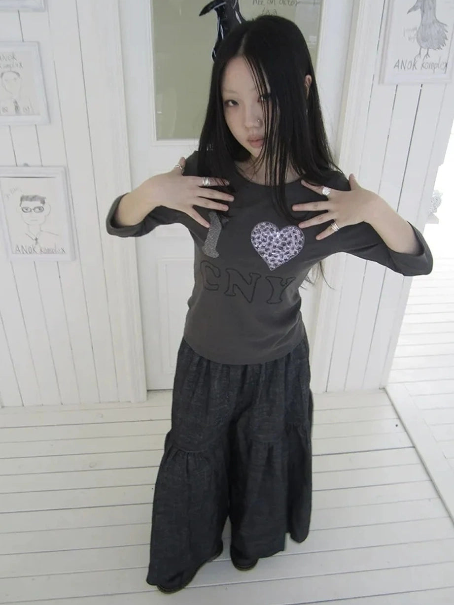 ang project Vintage Crystal Heart Print Tee T-shirt