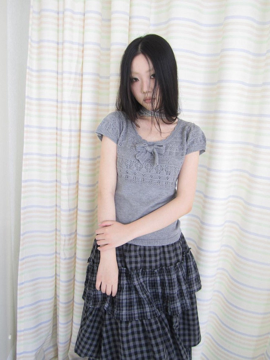 ang project Vintage Cute 3D Bow Cutout Round Neck Slim Fit Short Sleeve Women&