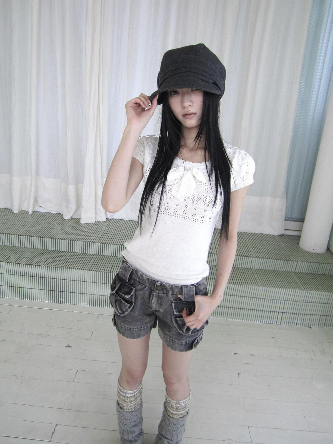 ang project Vintage Cute 3D Bow Cutout Round Neck Slim Fit Short Sleeve Women&