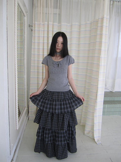 ang project Vintage Cute 3D Bow Cutout Round Neck Slim Fit Short Sleeve Women&