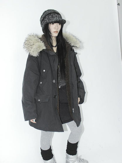 ang project Vintage Detachable Fur Hood Parka Winter Coat
