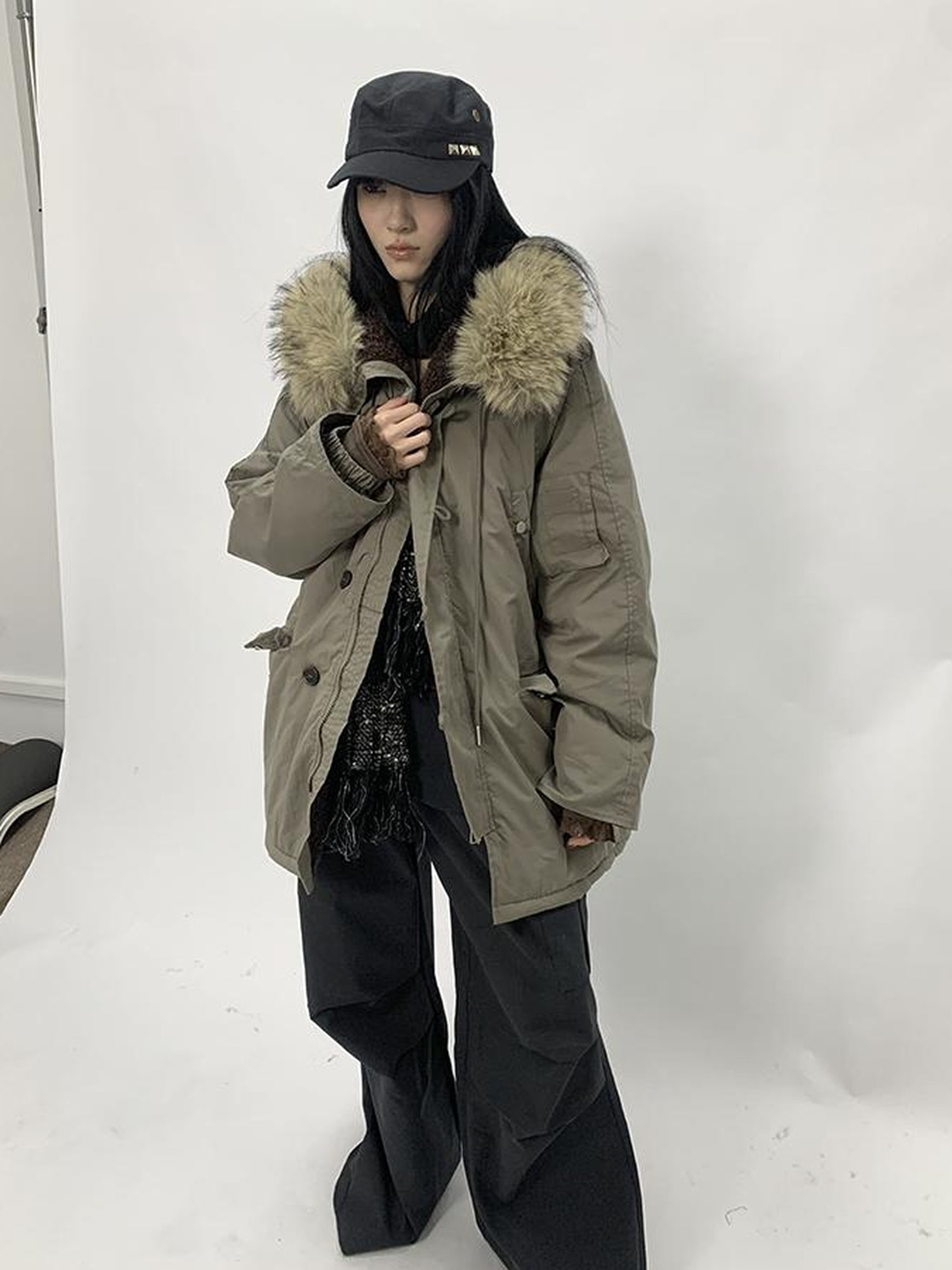 ang project Vintage Detachable Fur Hood Parka Winter Coat