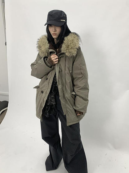ang project Vintage Detachable Fur Hood Parka Winter Coat