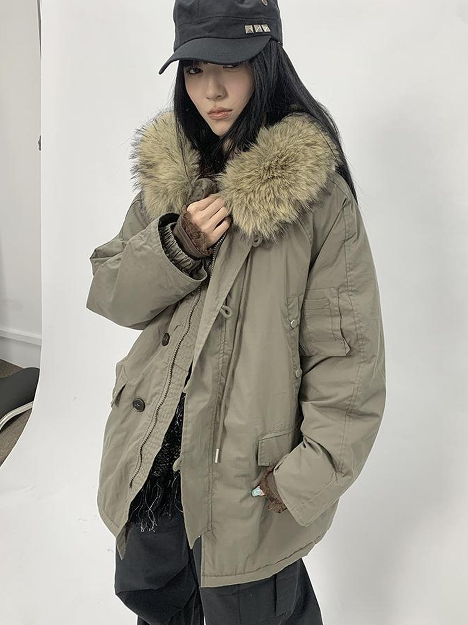 ang project Vintage Detachable Fur Hood Parka Winter Coat