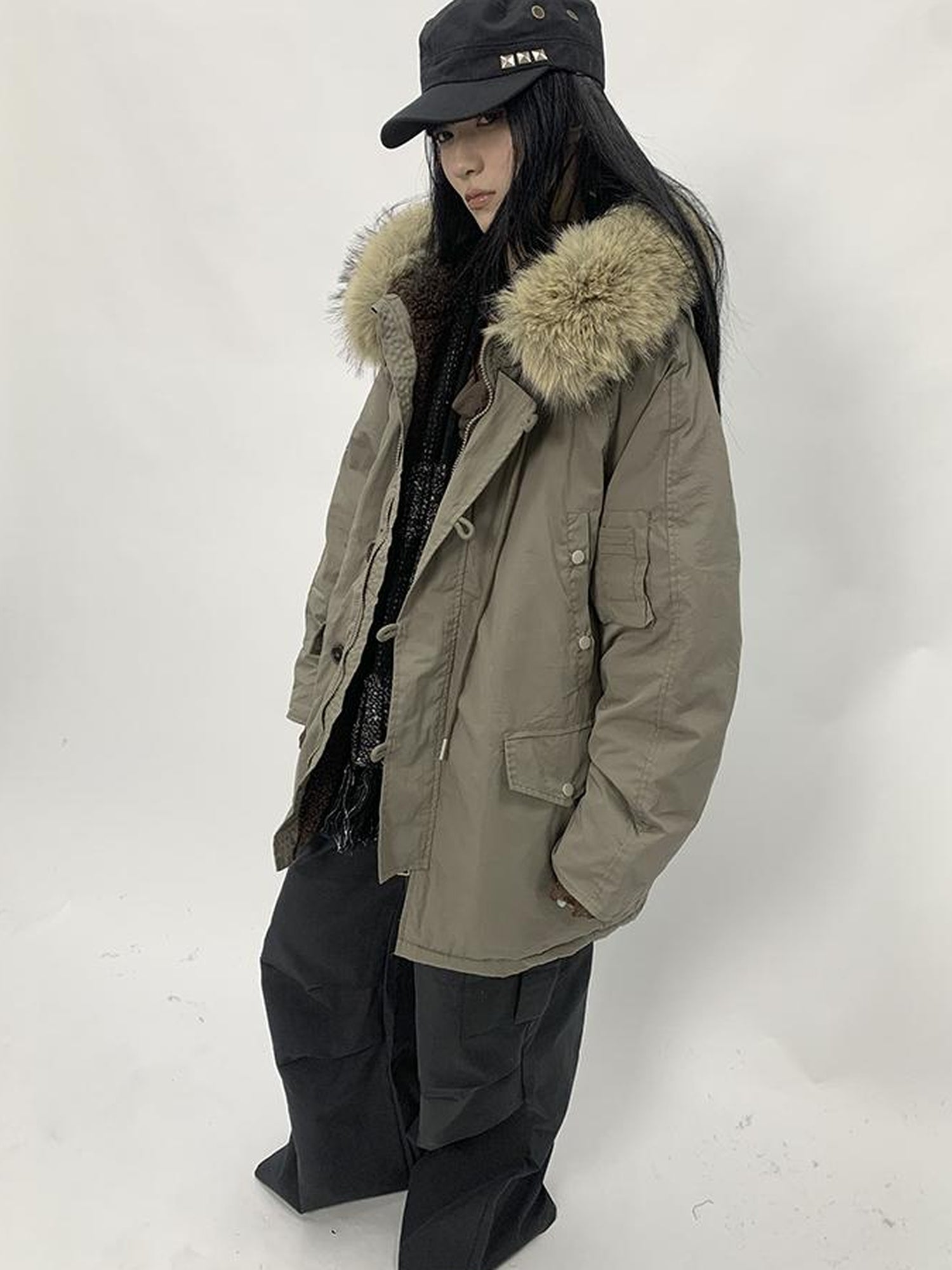 ang project Vintage Detachable Fur Hood Parka Winter Coat