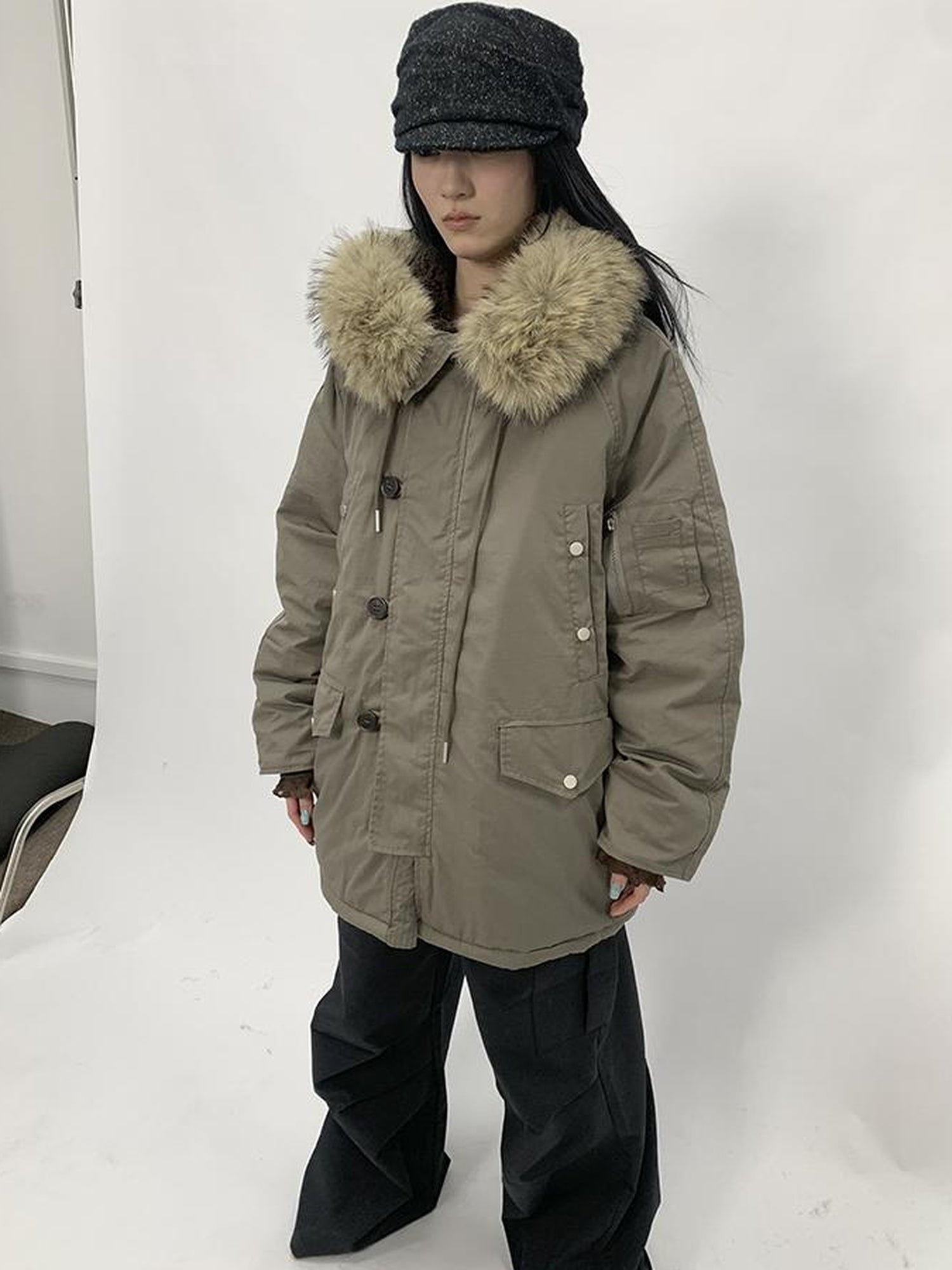 ang project Vintage Detachable Fur Hood Parka Winter Coat