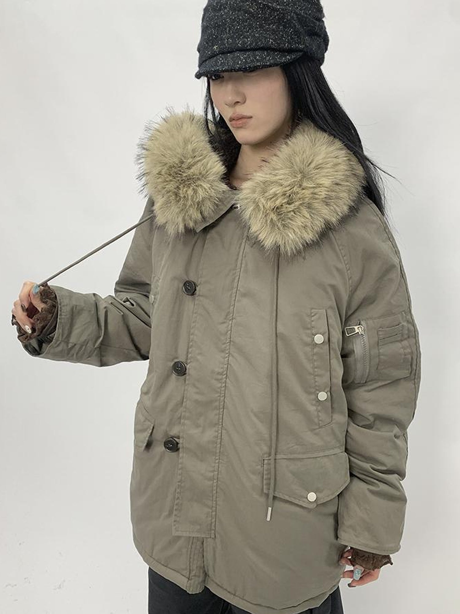 ang project Vintage Detachable Fur Hood Parka Winter Coat