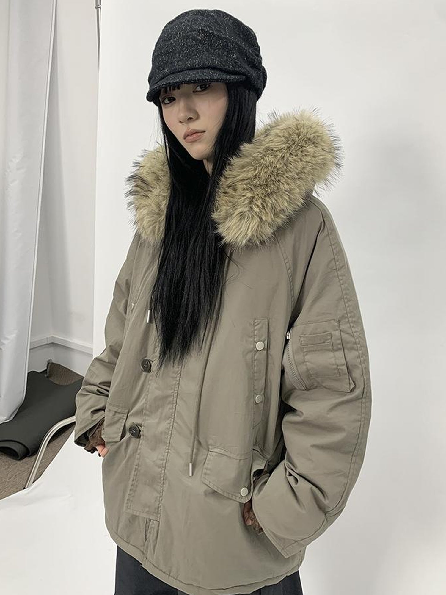 ang project Vintage Detachable Fur Hood Parka Winter Coat