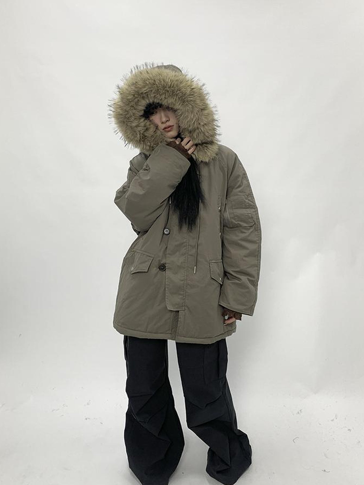ang project Vintage Detachable Fur Hood Parka Winter Coat