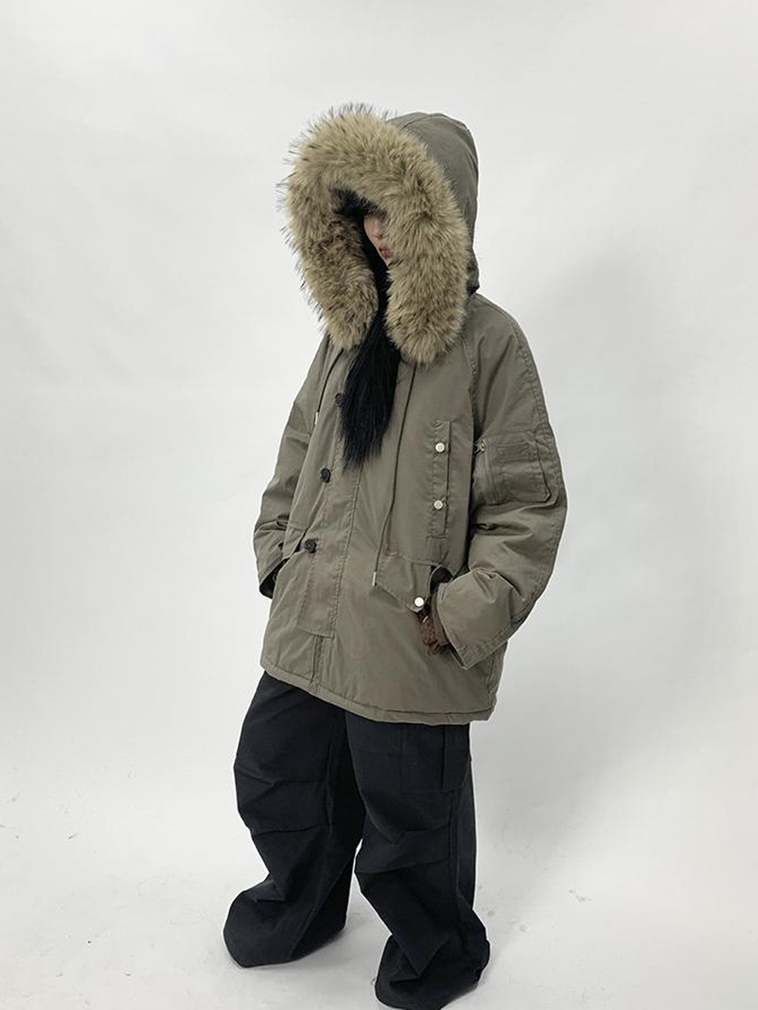 ang project Vintage Detachable Fur Hood Parka Winter Coat