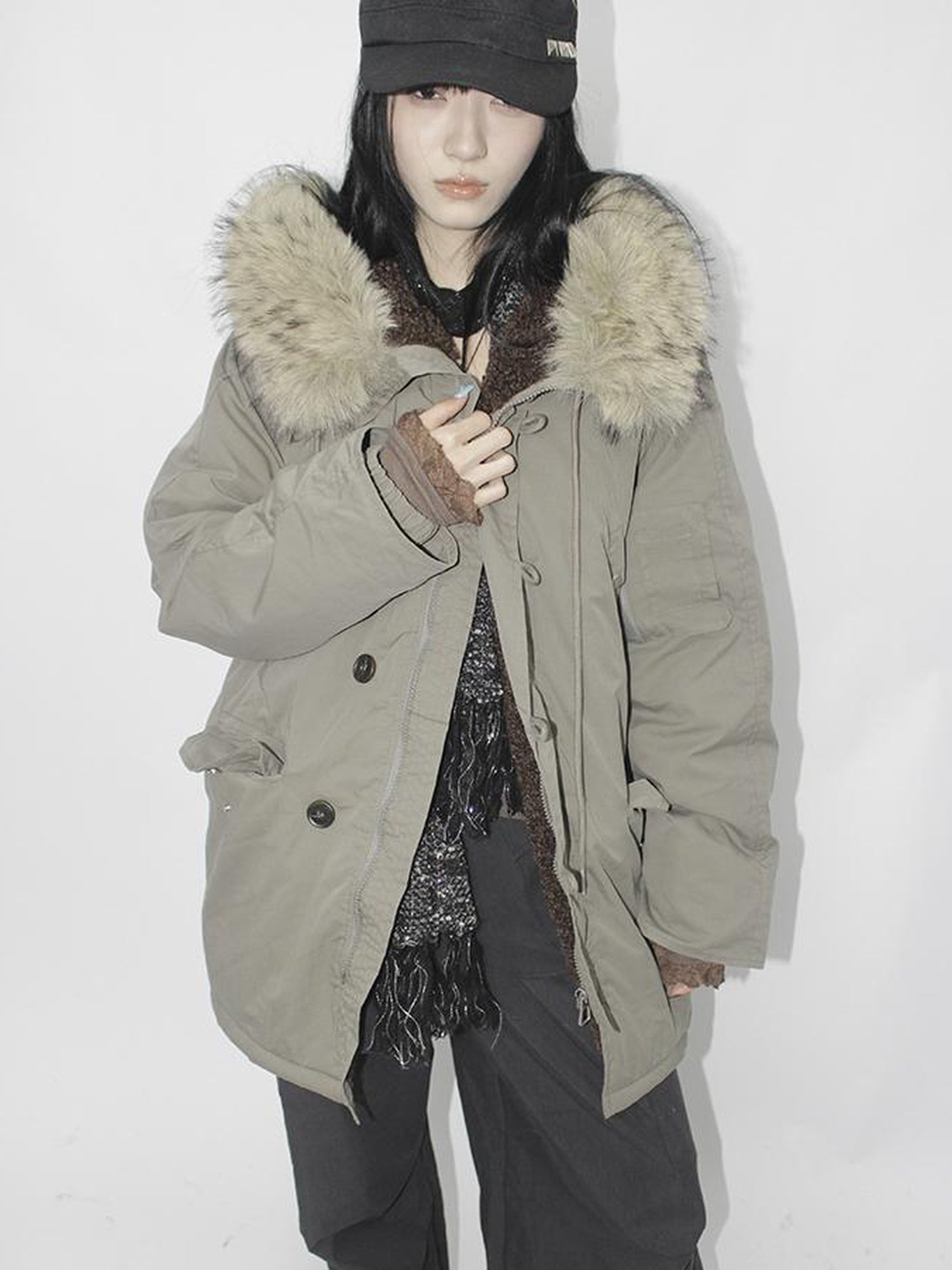 ang project Vintage Detachable Fur Hood Parka Winter Coat