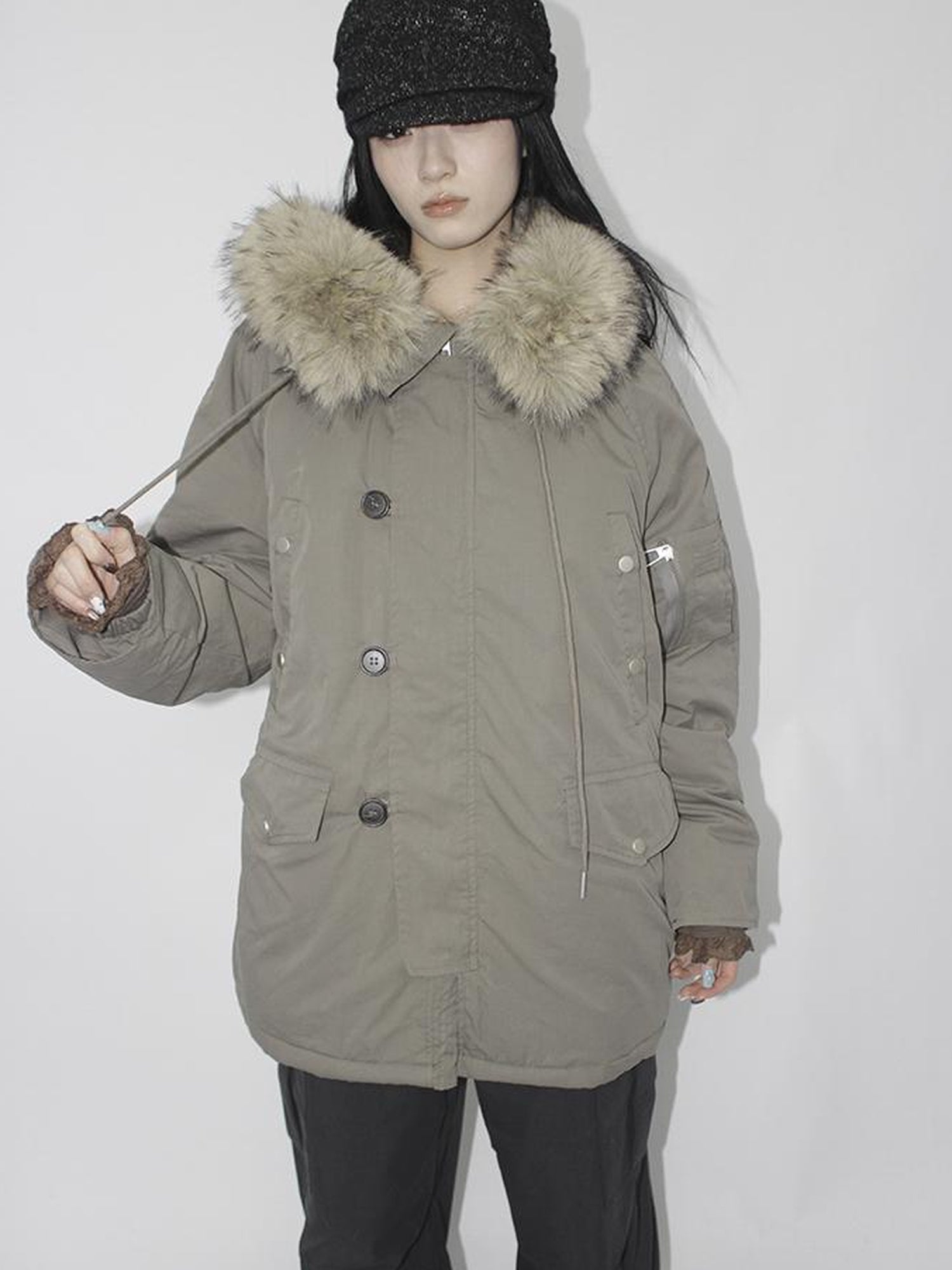 ang project Vintage Detachable Fur Hood Parka Winter Coat