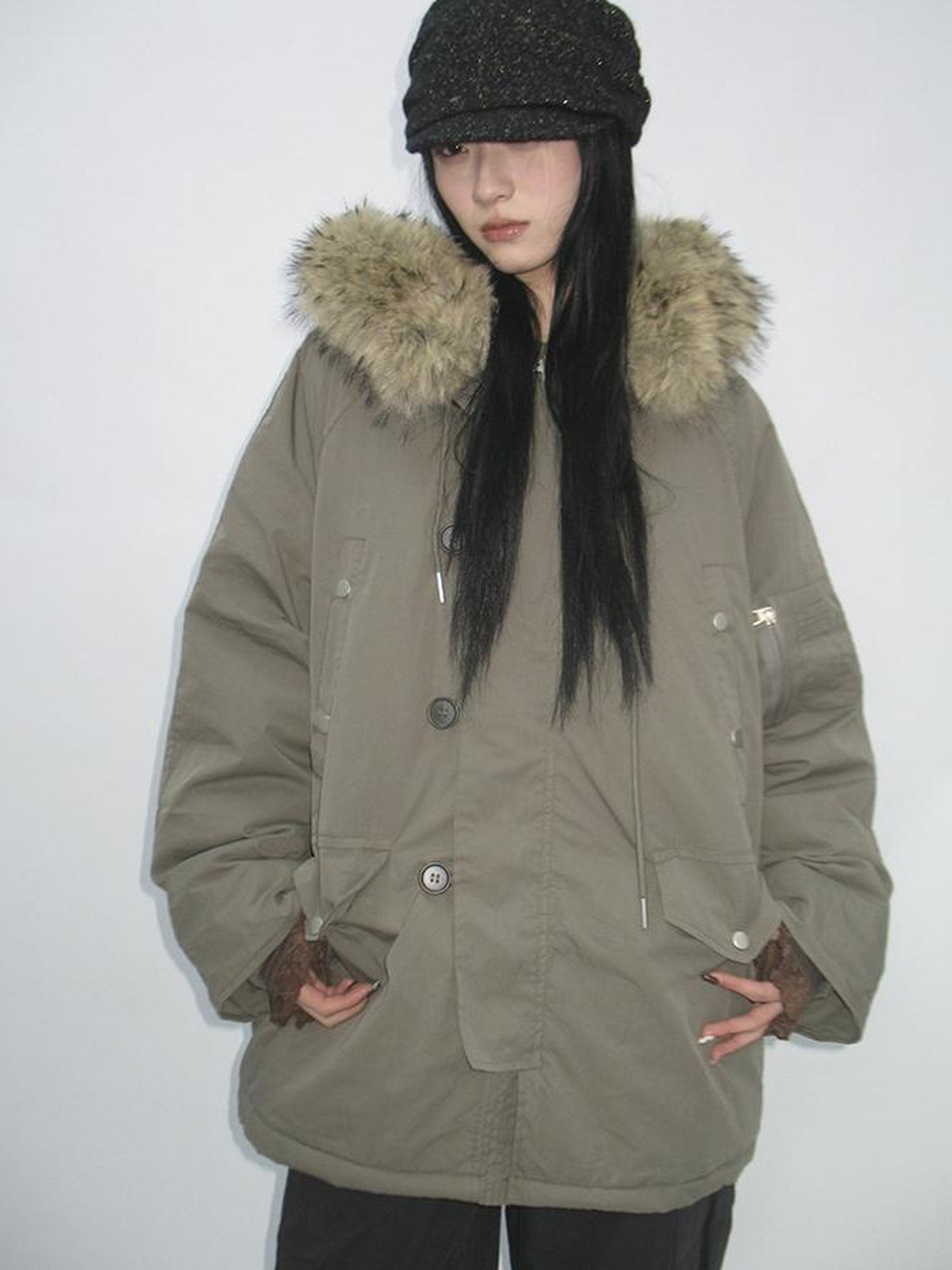 ang project Vintage Detachable Fur Hood Parka Winter Coat