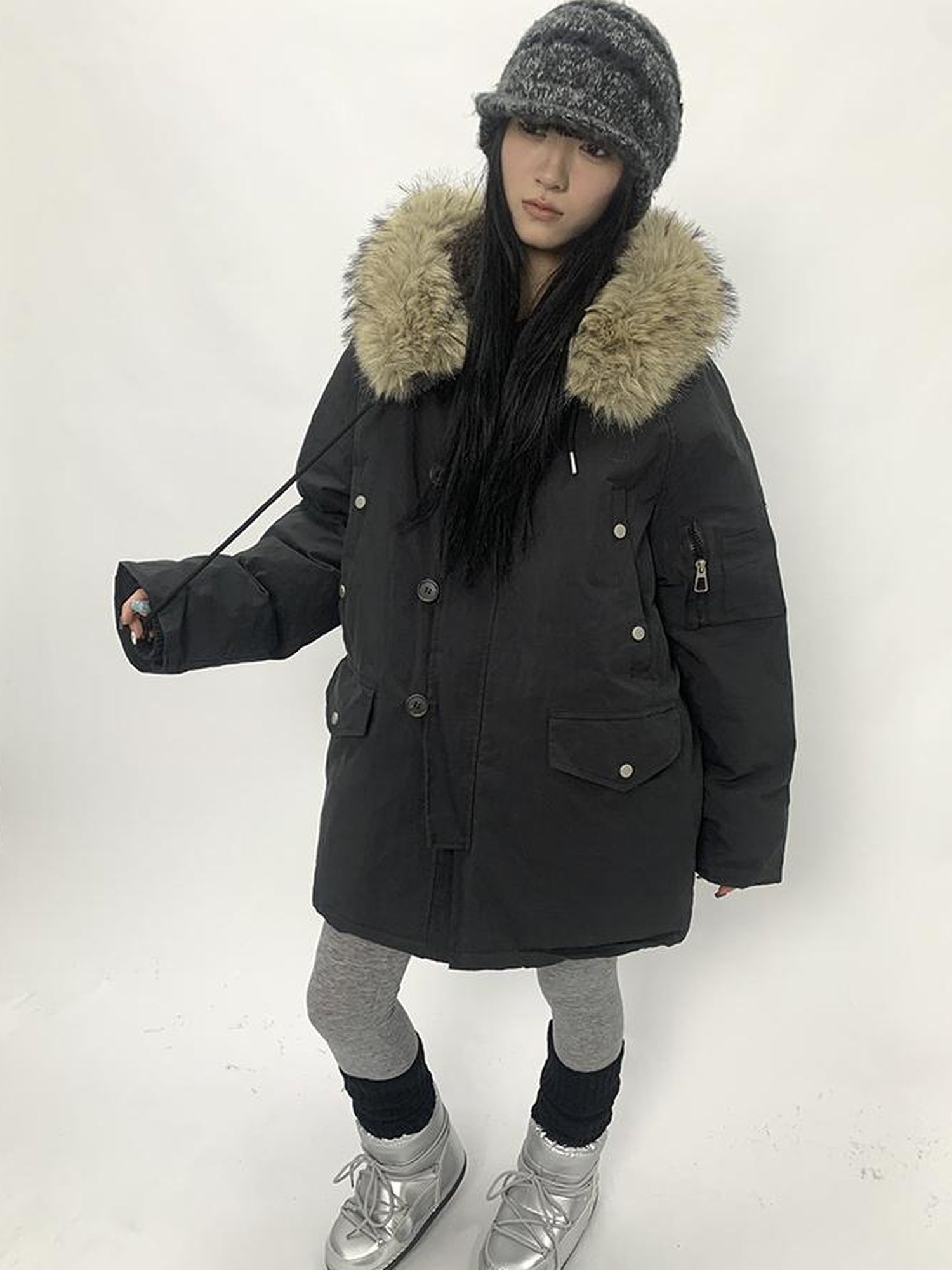 ang project Vintage Detachable Fur Hood Parka Winter Coat