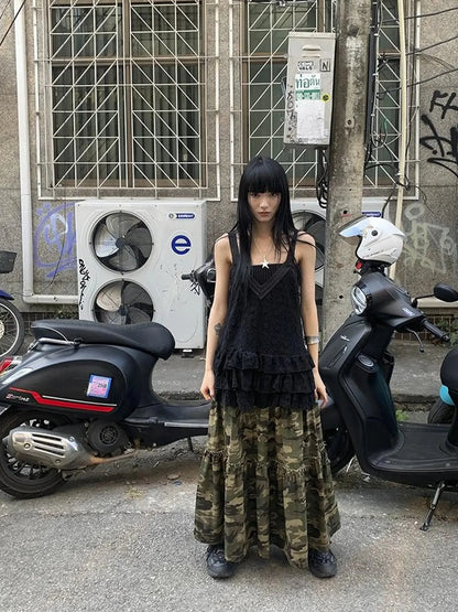 Vintage Distressed Camo Midi Skirt With Elastic Waistband