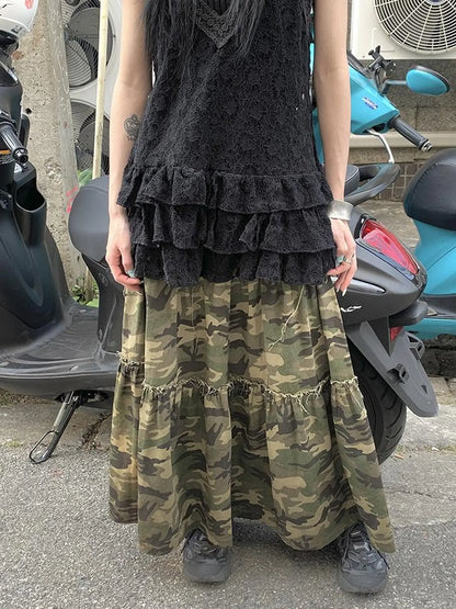 Vintage Distressed Camo Midi Skirt With Elastic Waistband