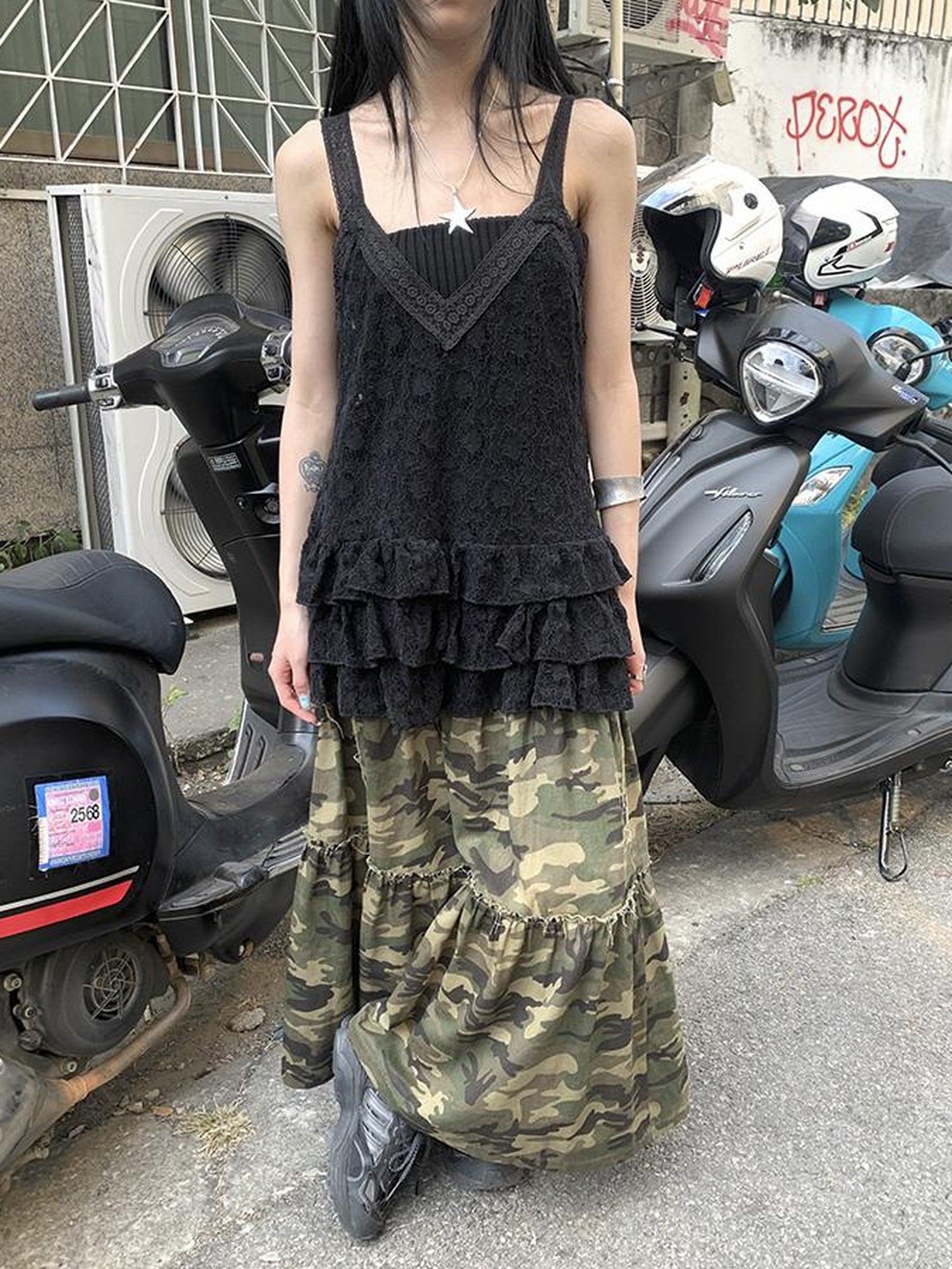 ang project Vintage Distressed Camo Midi Skirt With Elastic Waistband