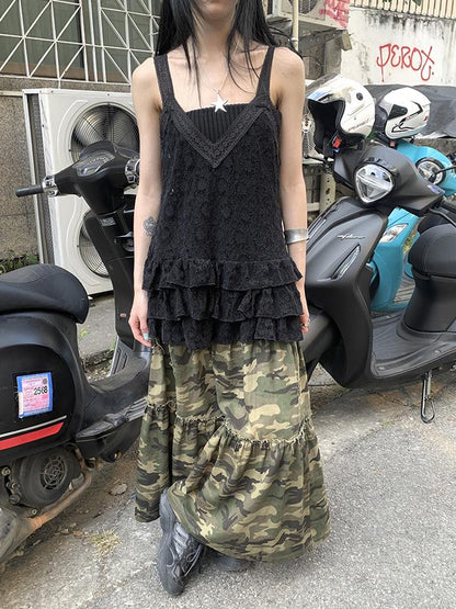 ang project Vintage Distressed Camo Midi Skirt With Elastic Waistband