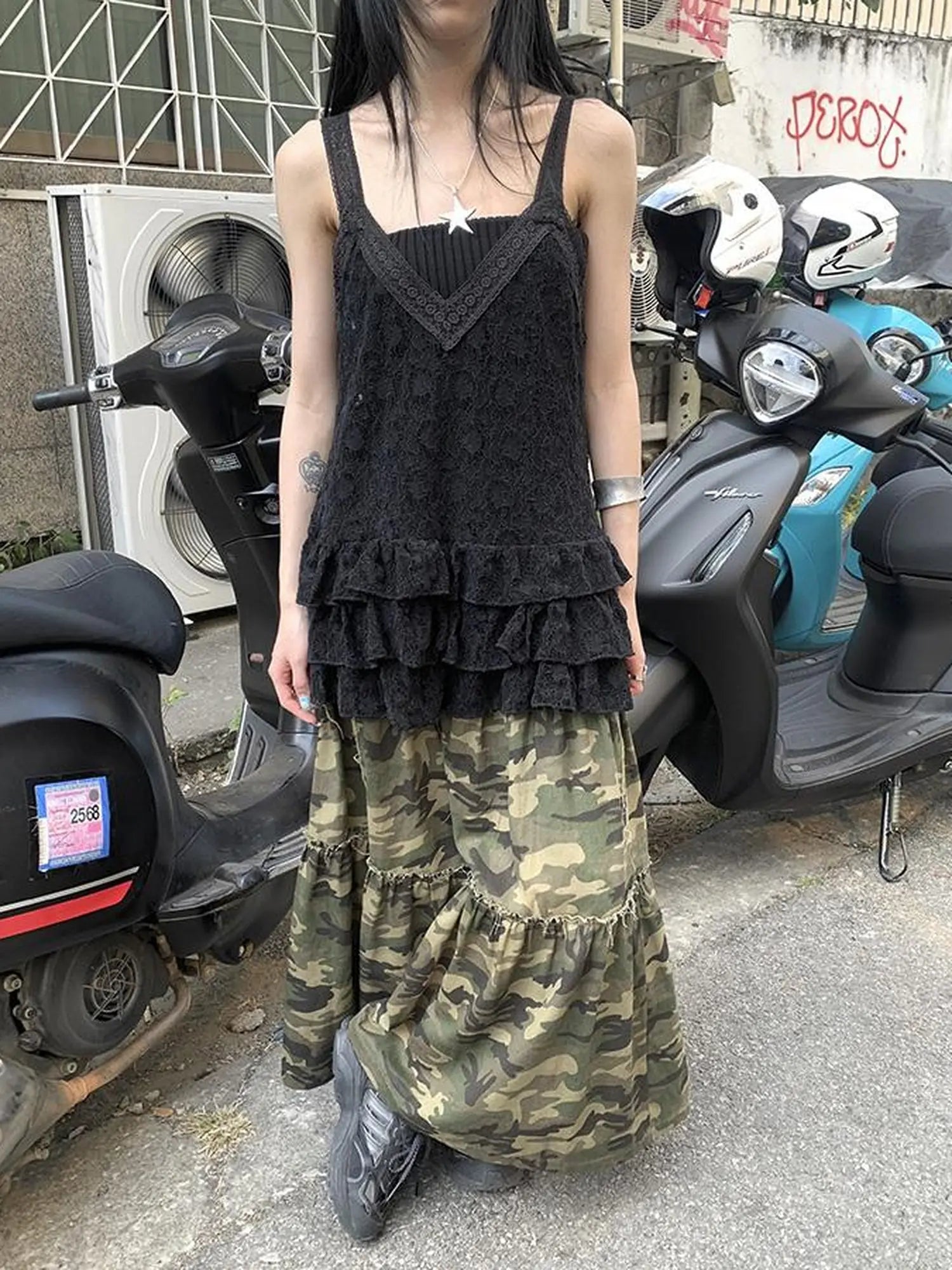 Vintage Distressed Camo Midi Skirt With Elastic Waistband
