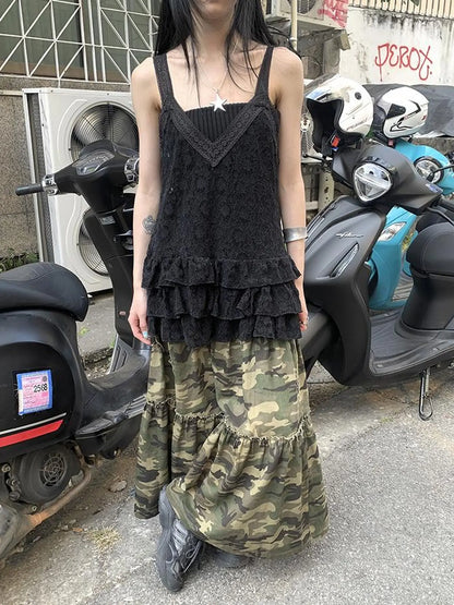 Vintage Distressed Camo Midi Skirt With Elastic Waistband