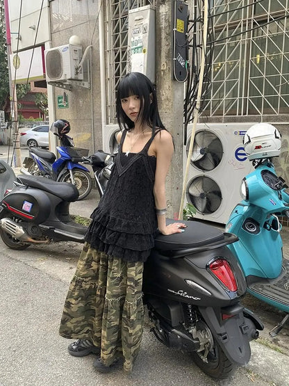 Vintage Distressed Camo Midi Skirt With Elastic Waistband