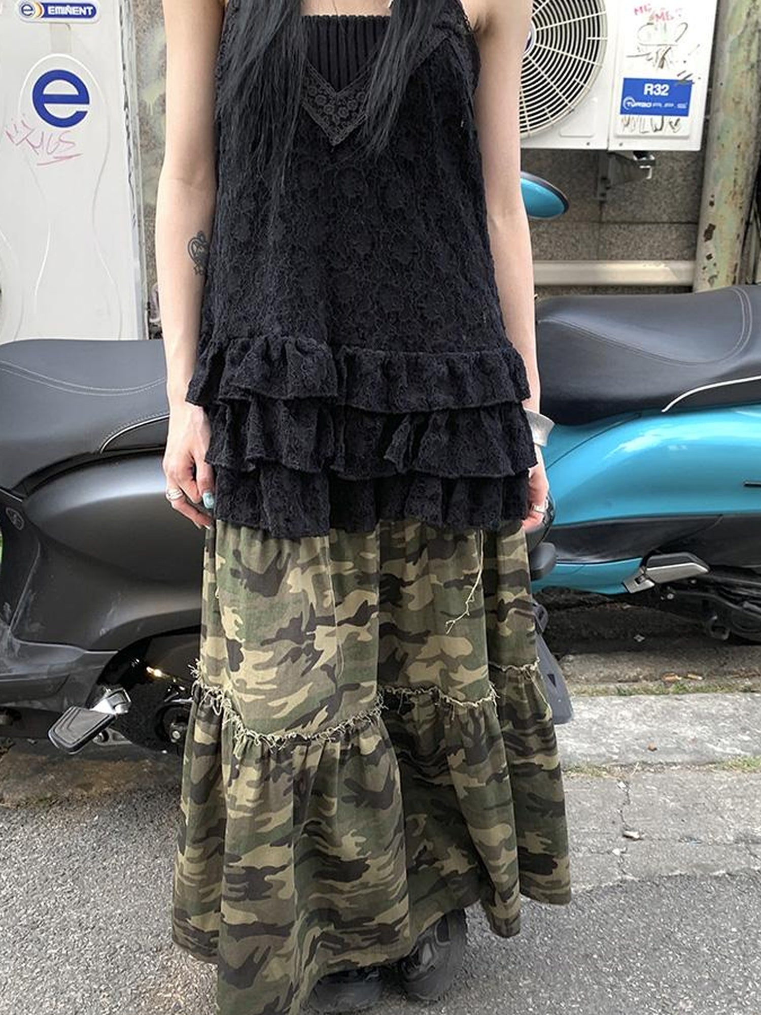 ang project Vintage Distressed Camo Midi Skirt With Elastic Waistband