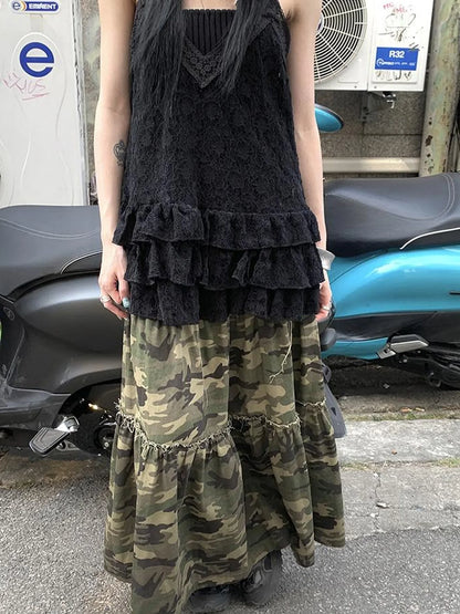 Vintage Distressed Camo Midi Skirt With Elastic Waistband