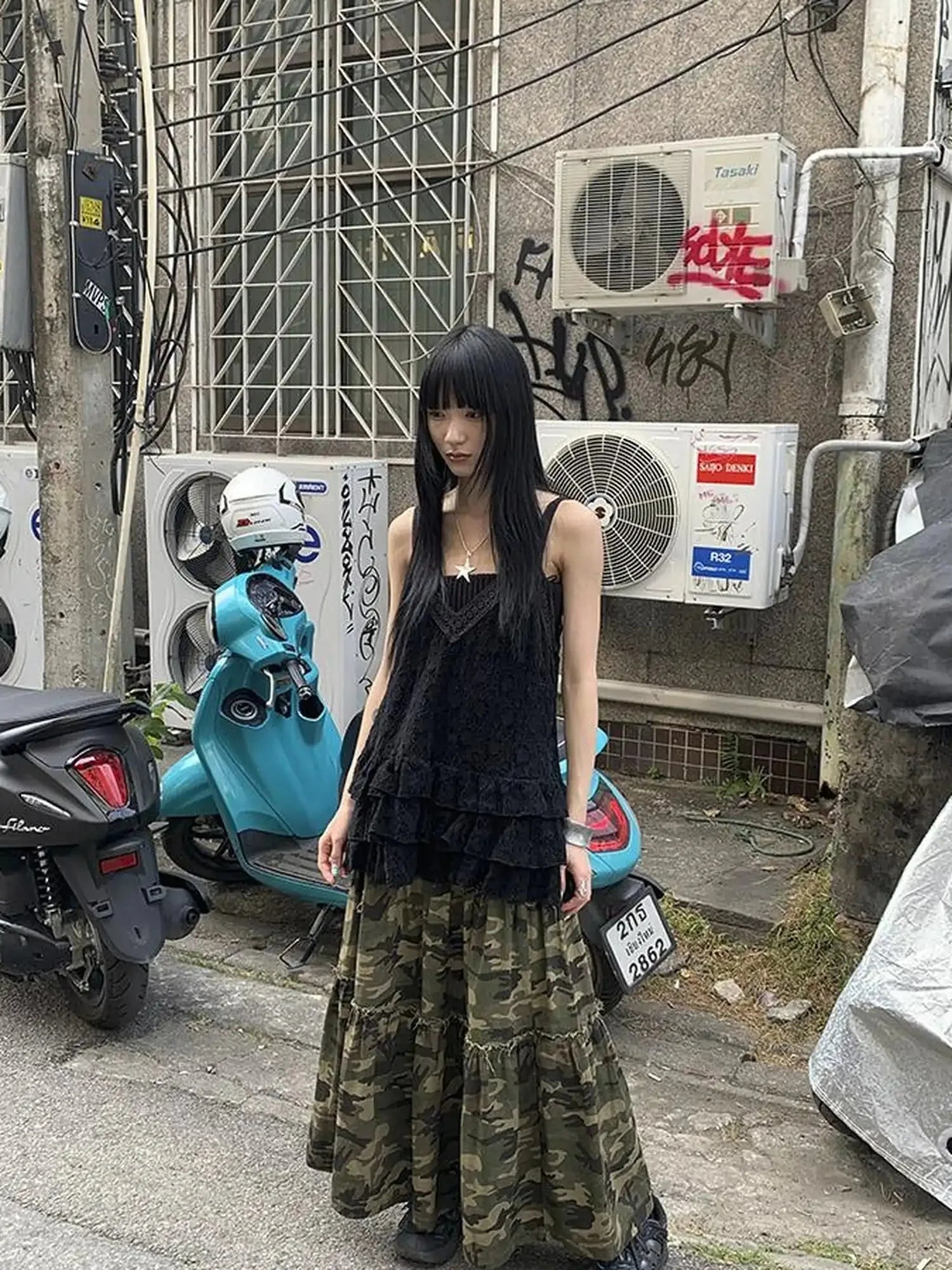 Vintage Distressed Camo Midi Skirt With Elastic Waistband