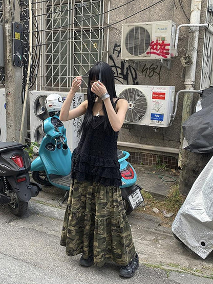 ang project Vintage Distressed Camo Midi Skirt With Elastic Waistband