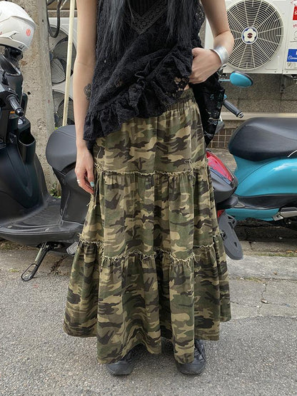 ang project Vintage Distressed Camo Midi Skirt With Elastic Waistband