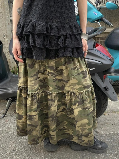 Vintage Distressed Camo Midi Skirt With Elastic Waistband