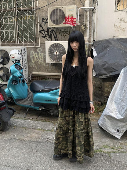 ang project Vintage Distressed Camo Midi Skirt With Elastic Waistband