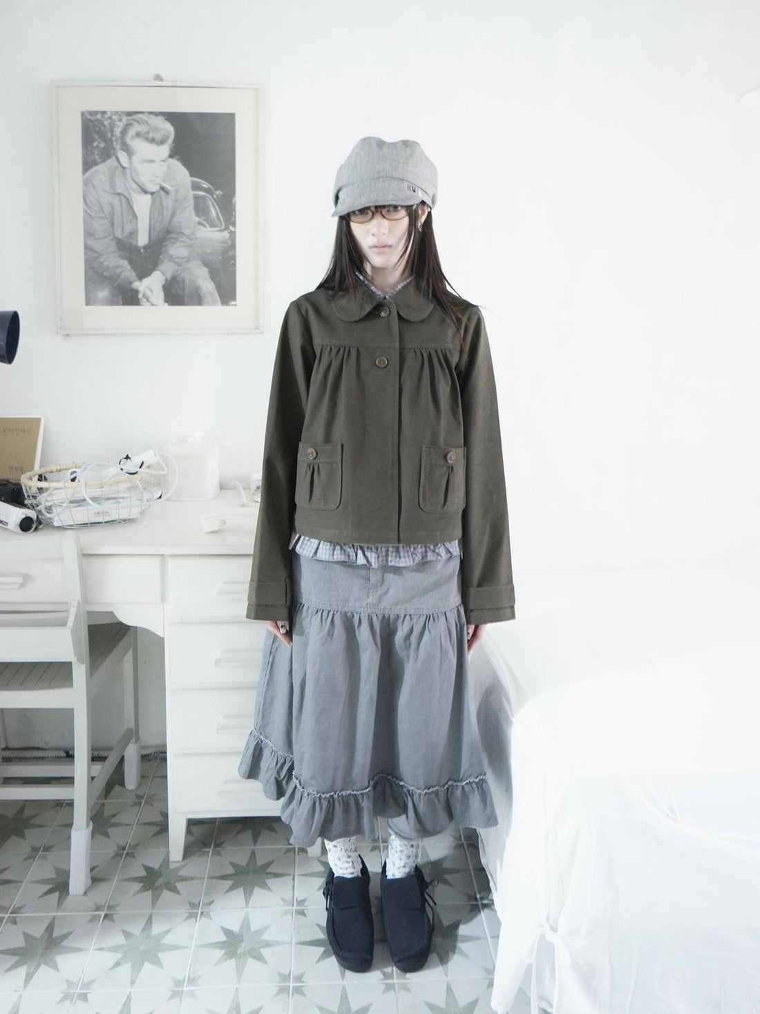 ang project Vintage Distressed Ruched Doll Collar Pocket Women&