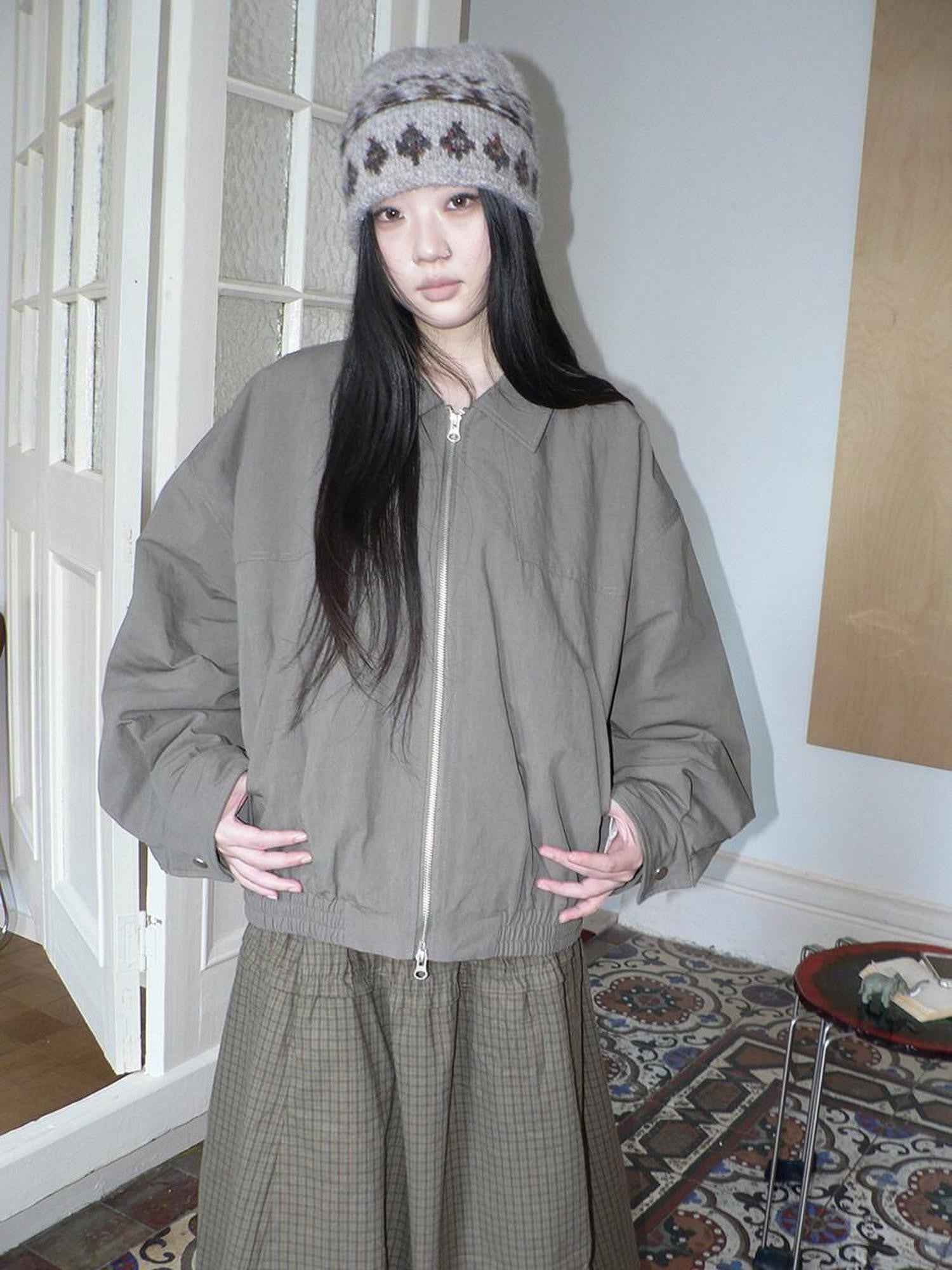 ang project Vintage Distressed Turndown Collar Zipper Elastic Hem Women&