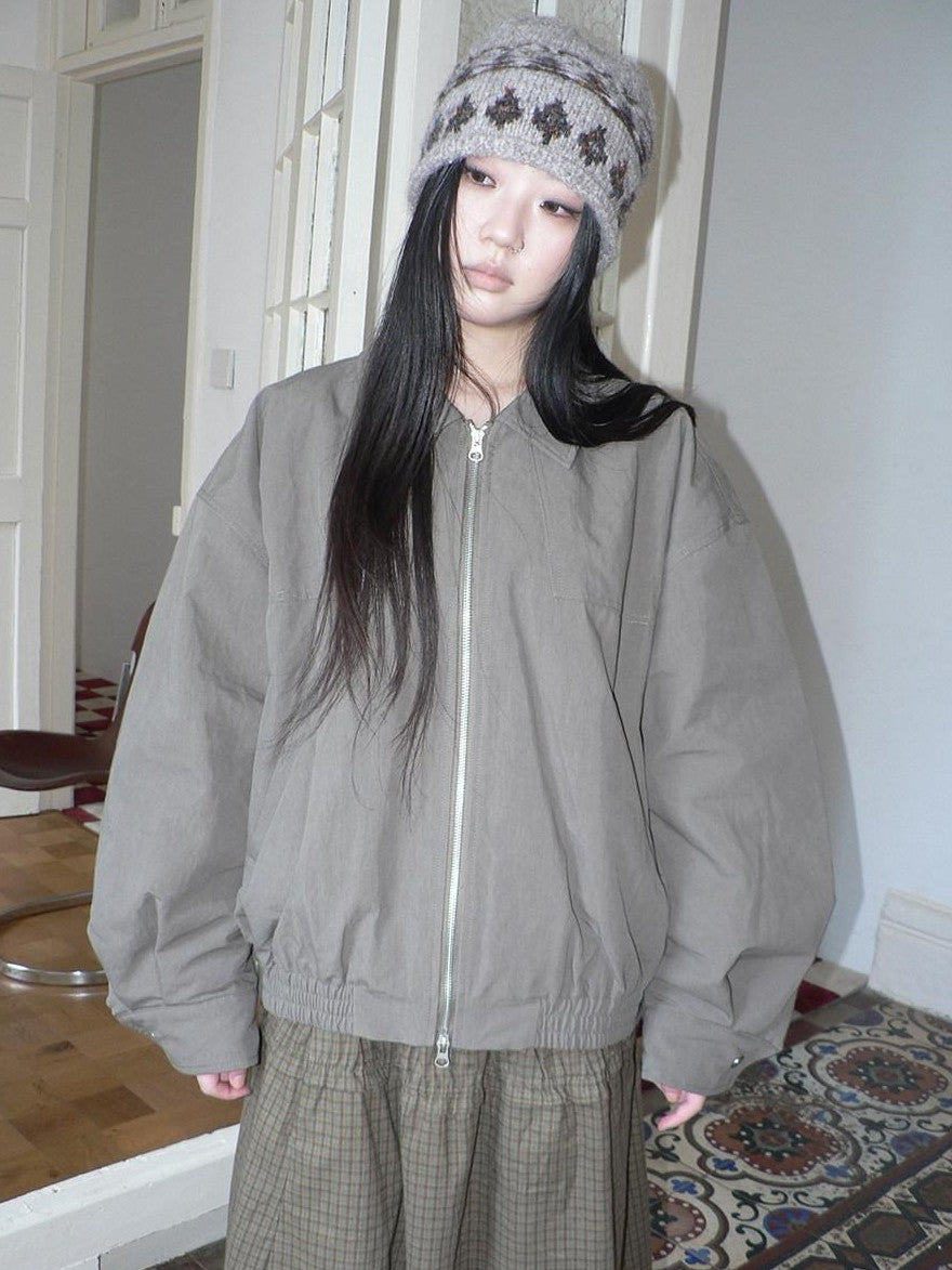 ang project Vintage Distressed Turndown Collar Zipper Elastic Hem Women&