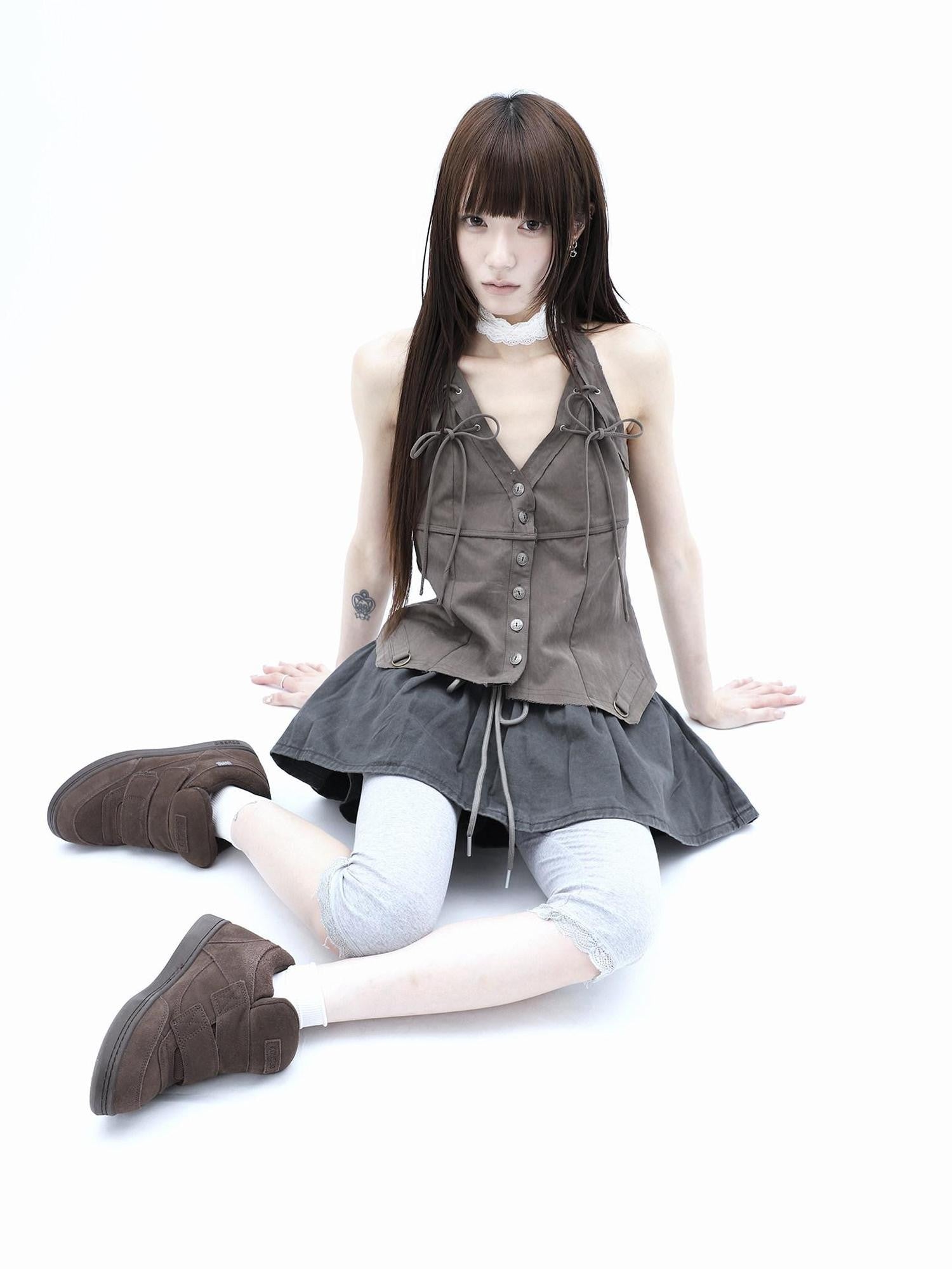 ang project Vintage Distressed V-neck Lace Up Frayed Edges Women&