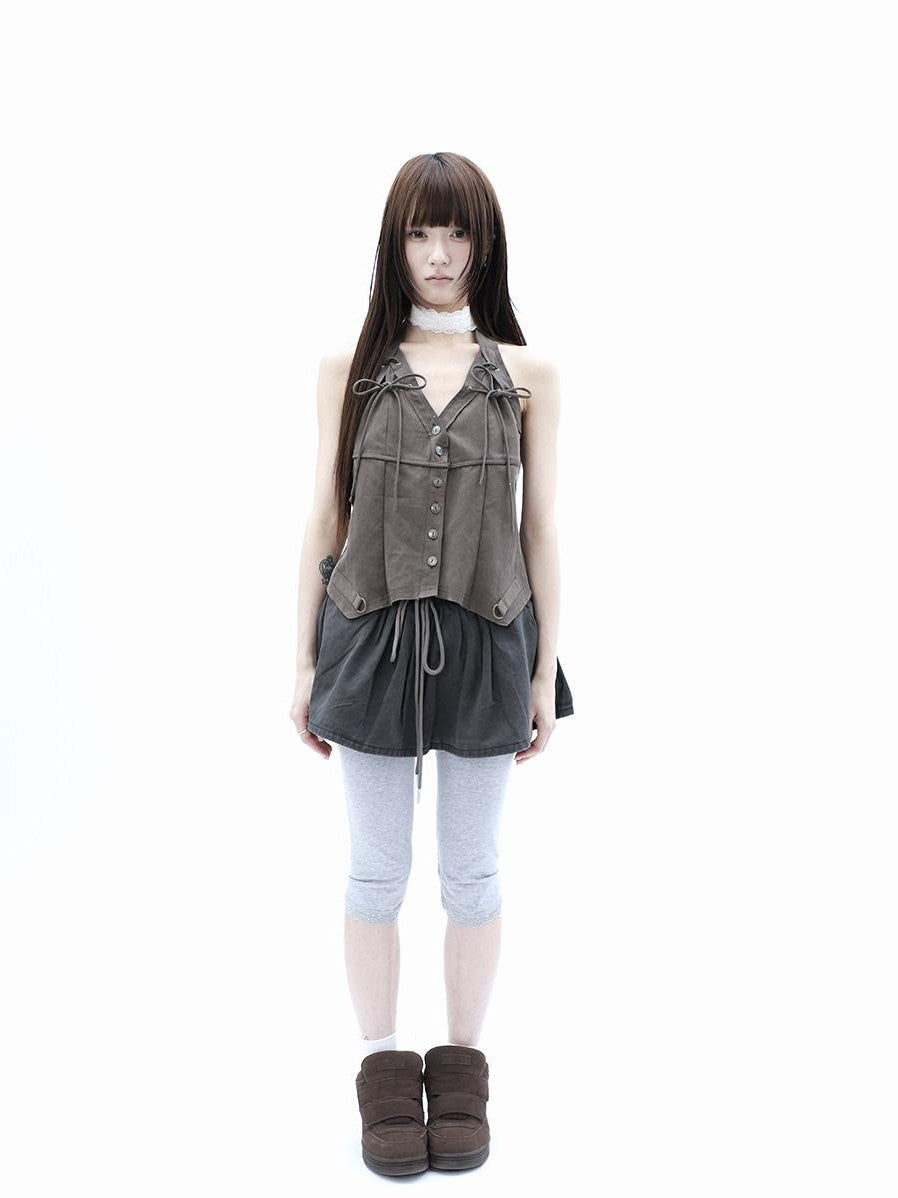 ang project Vintage Distressed V-neck Lace Up Frayed Edges Women&