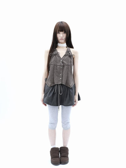 ang project Vintage Distressed V-neck Lace Up Frayed Edges Women&