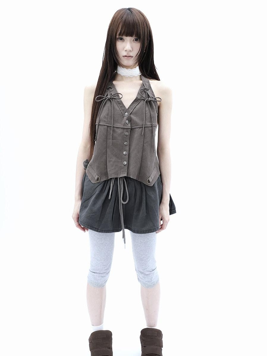 ang project Vintage Distressed V-neck Lace Up Frayed Edges Women&