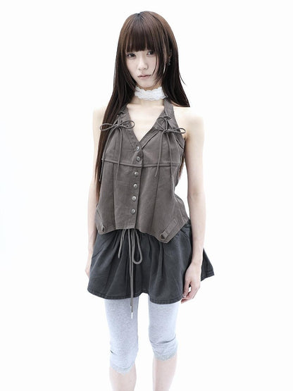 ang project Vintage Distressed V-neck Lace Up Frayed Edges Women&