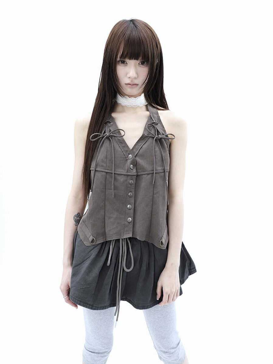 ang project Vintage Distressed V-neck Lace Up Frayed Edges Women&