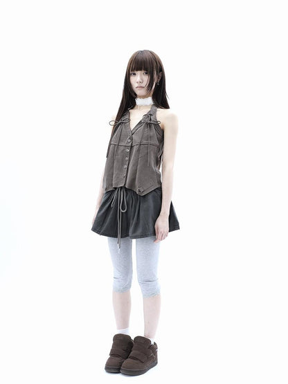 ang project Vintage Distressed V-neck Lace Up Frayed Edges Women&
