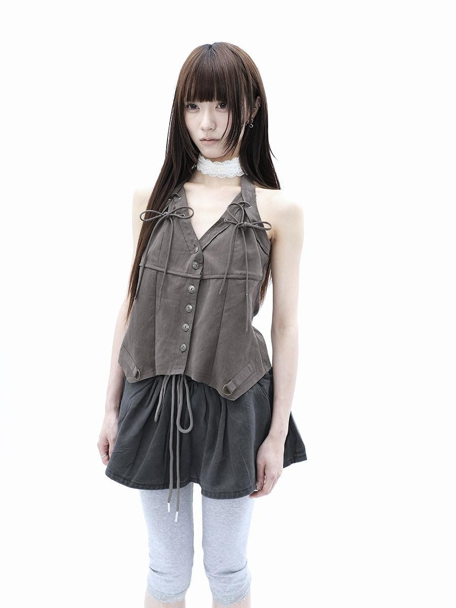 ang project Vintage Distressed V-neck Lace Up Frayed Edges Women&