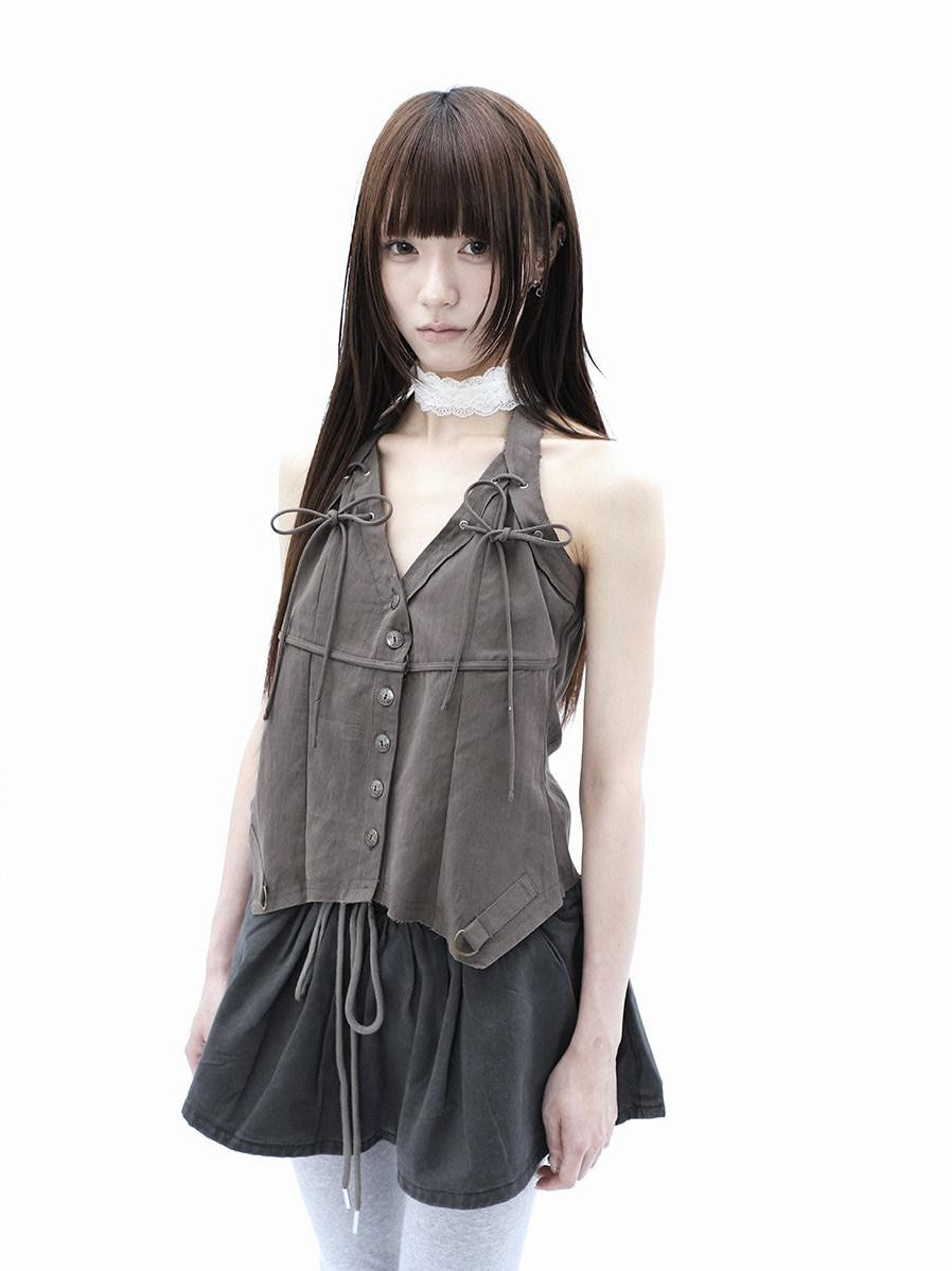 ang project Vintage Distressed V-neck Lace Up Frayed Edges Women&