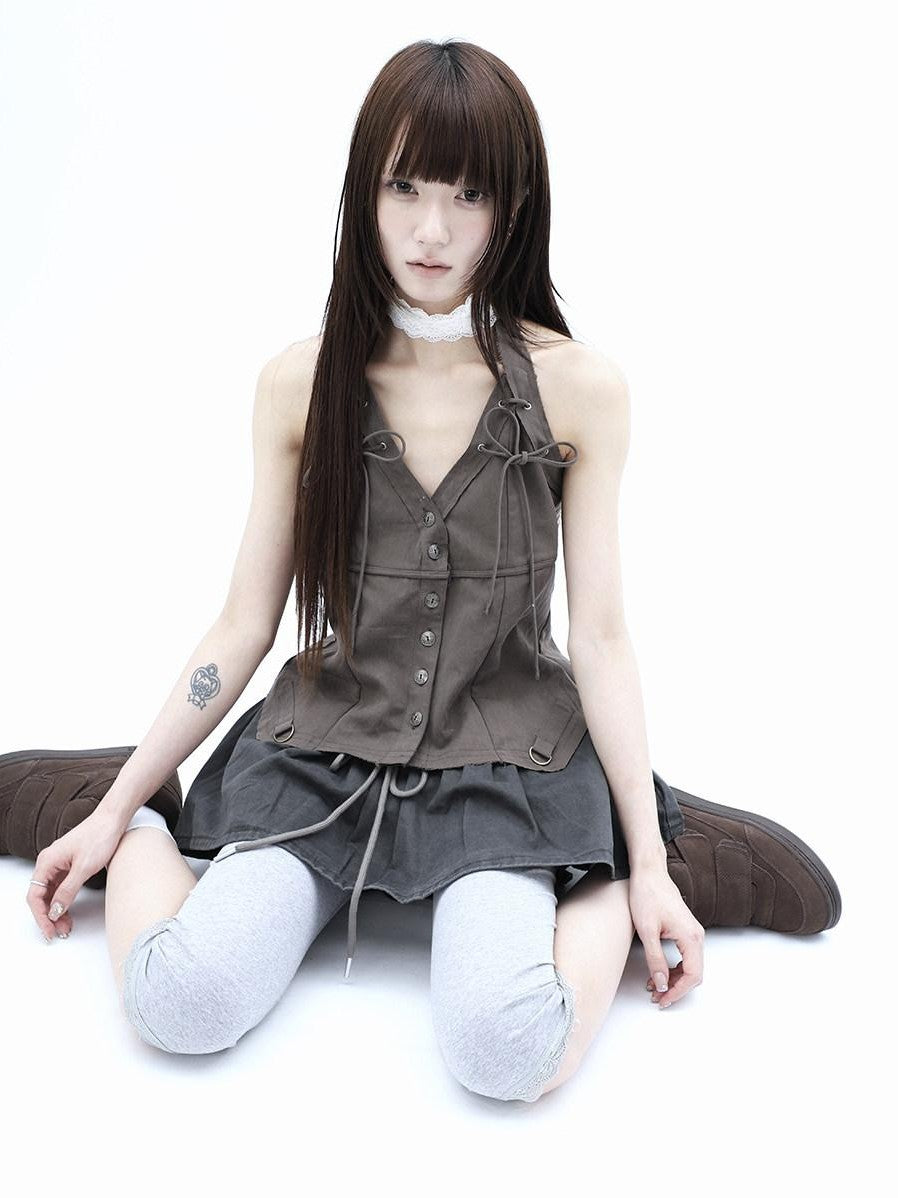 ang project Vintage Distressed V-neck Lace Up Frayed Edges Women&