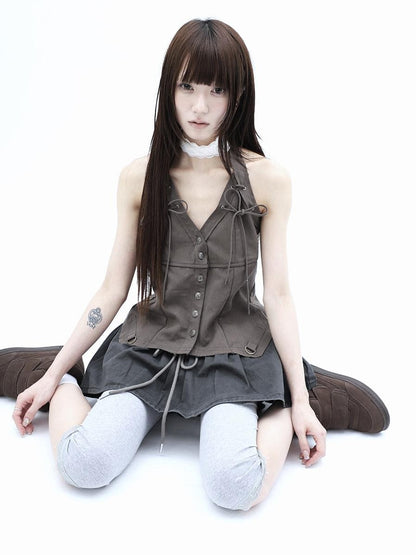 ang project Vintage Distressed V-neck Lace Up Frayed Edges Women&