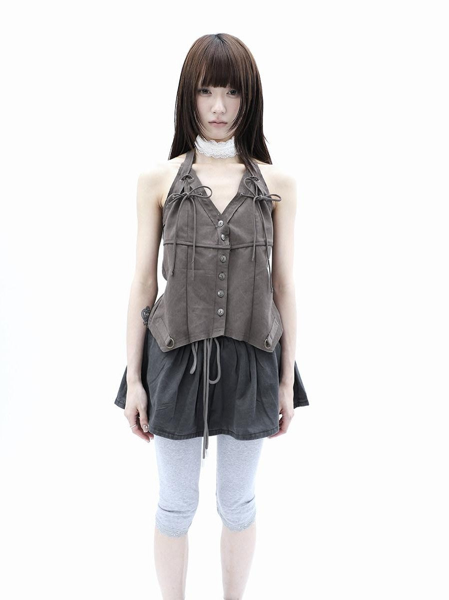 ang project Vintage Distressed V-neck Lace Up Frayed Edges Women&