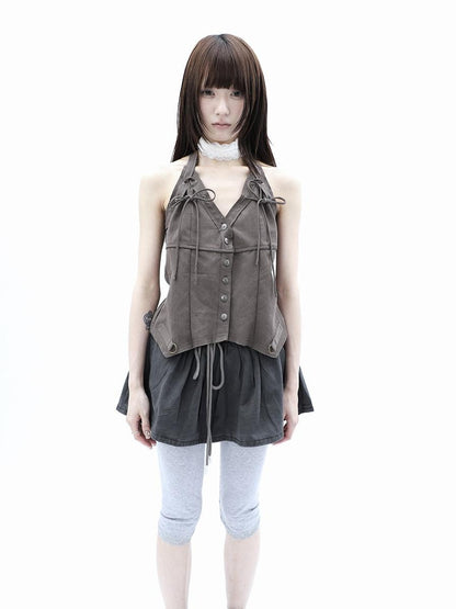 ang project Vintage Distressed V-neck Lace Up Frayed Edges Women&