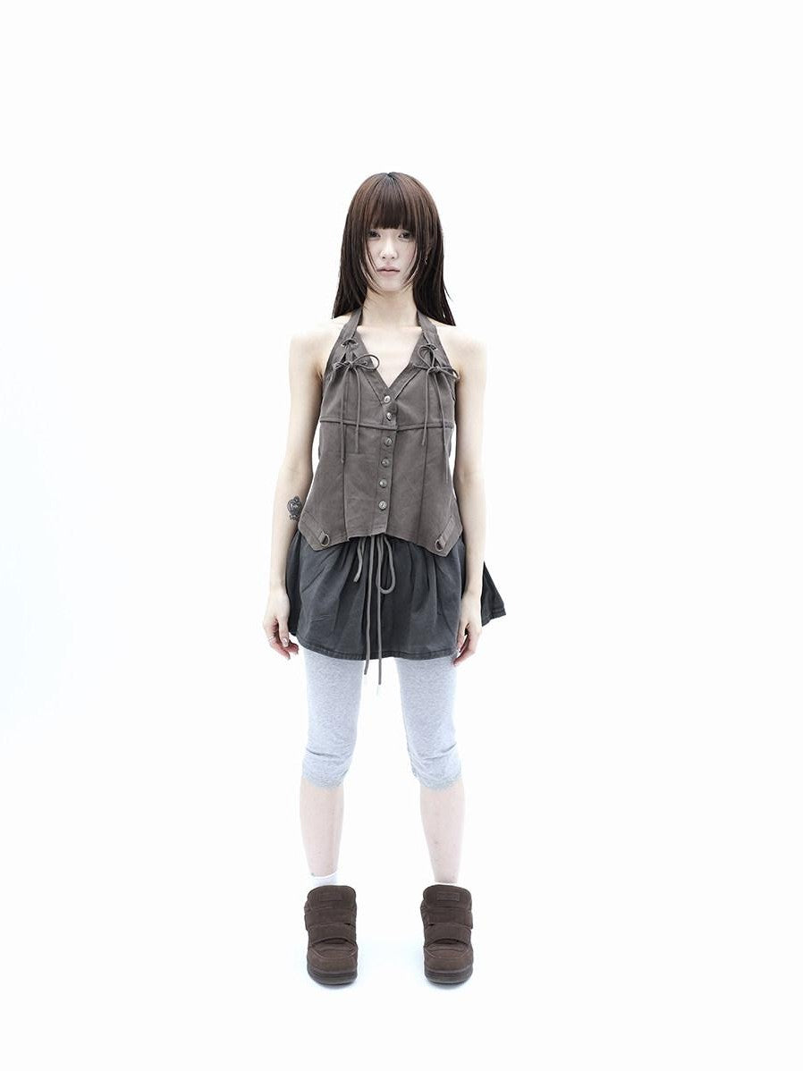 ang project Vintage Distressed V-neck Lace Up Frayed Edges Women&